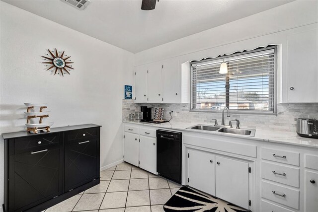 kitchen featuring white cabinets, black dishwasher, backsplash, and sink