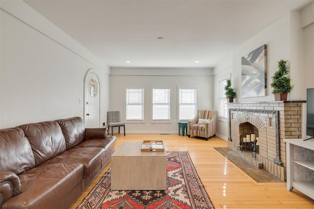 living room featuring a fireplace and light wood-type flooring