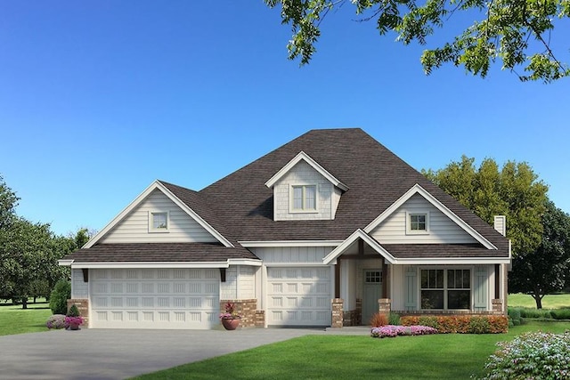 craftsman-style house featuring board and batten siding, roof with shingles, a front yard, stone siding, and driveway