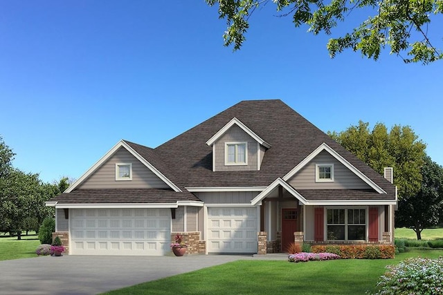 craftsman-style house featuring roof with shingles, a front lawn, stone siding, and concrete driveway