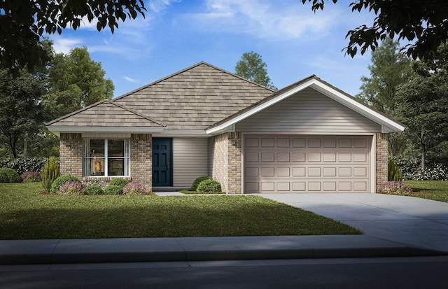 view of front of home featuring a front yard and a garage