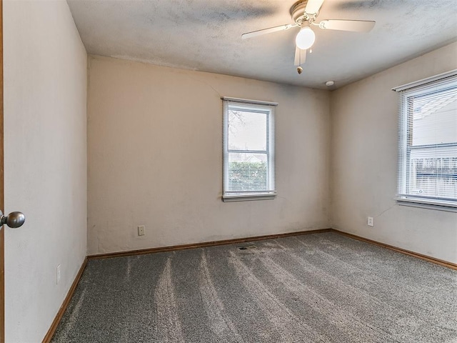 spare room with carpet flooring, ceiling fan, and a textured ceiling