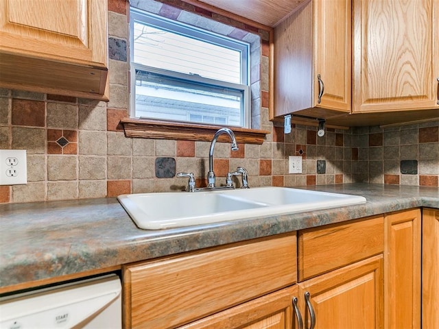 kitchen featuring white dishwasher, sink, and tasteful backsplash