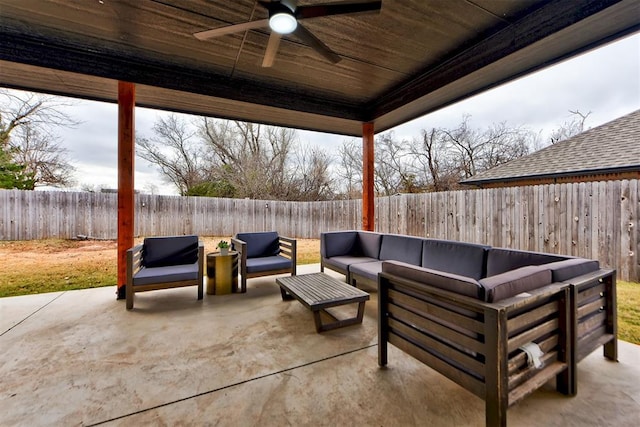 view of patio / terrace with ceiling fan and an outdoor hangout area