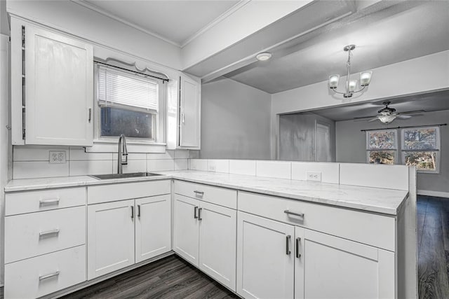 kitchen with white cabinets, dark hardwood / wood-style flooring, and sink