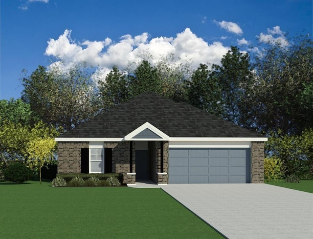 view of front of property featuring a garage, a front yard, concrete driveway, and brick siding