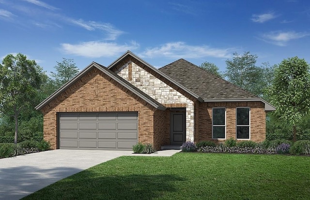 view of front of home with a front lawn, concrete driveway, a garage, stone siding, and brick siding