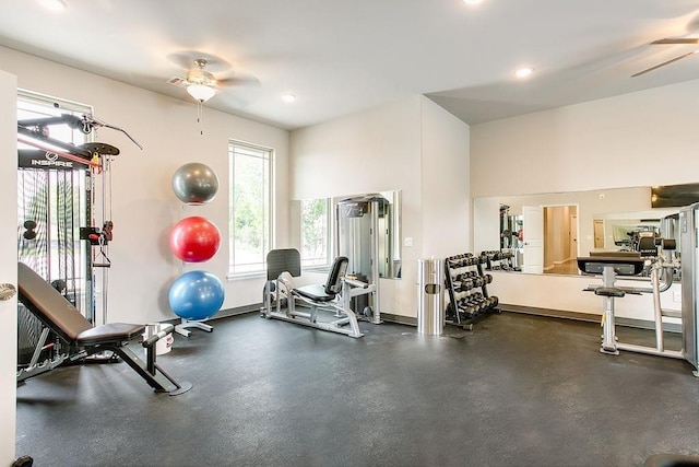 exercise room with recessed lighting, baseboards, and a ceiling fan