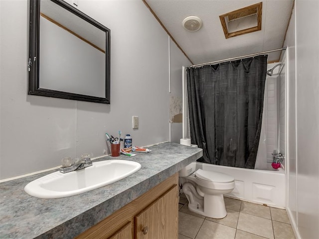 full bathroom with vanity, tile patterned flooring, toilet, a textured ceiling, and shower / tub combo with curtain