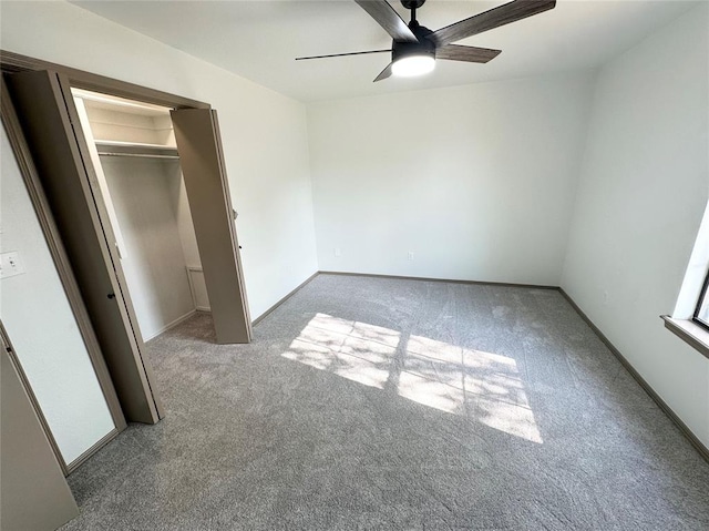 unfurnished bedroom with light carpet, a closet, and ceiling fan