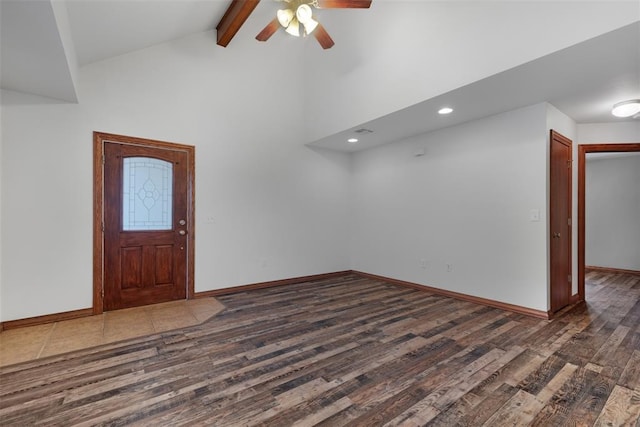 interior space featuring beamed ceiling, dark hardwood / wood-style flooring, high vaulted ceiling, and ceiling fan