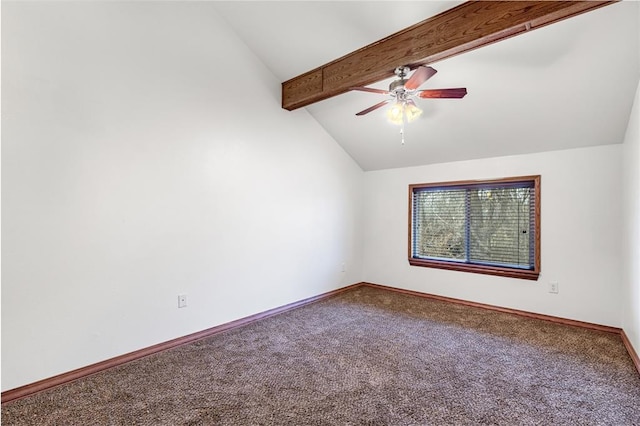 carpeted empty room featuring vaulted ceiling with beams and ceiling fan