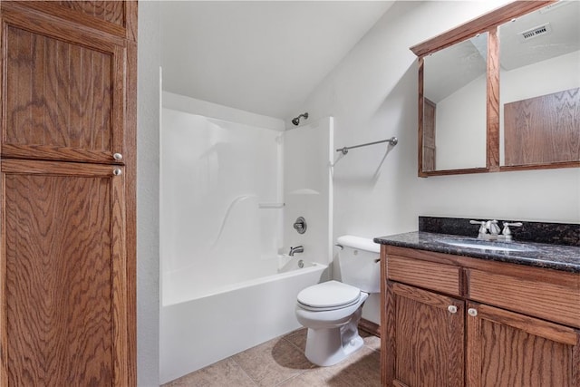 full bathroom with vanity, lofted ceiling, bathtub / shower combination, tile patterned floors, and toilet