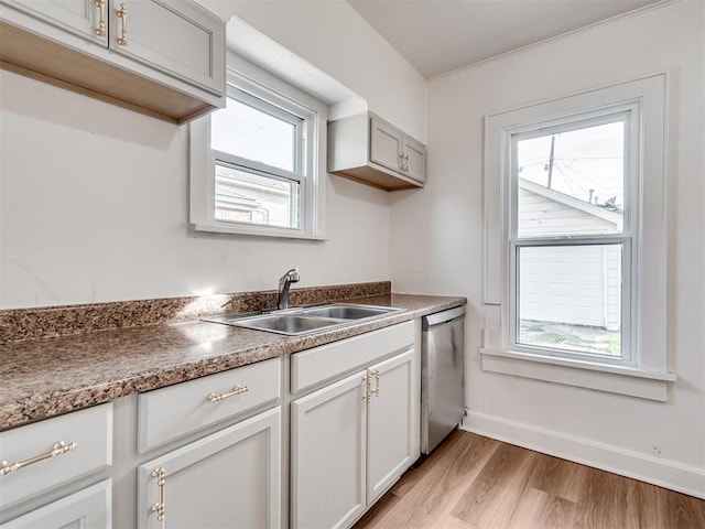 kitchen with plenty of natural light, light hardwood / wood-style floors, dishwasher, and sink