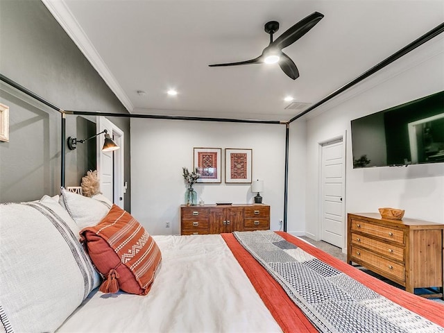 bedroom featuring ceiling fan, visible vents, crown molding, and recessed lighting