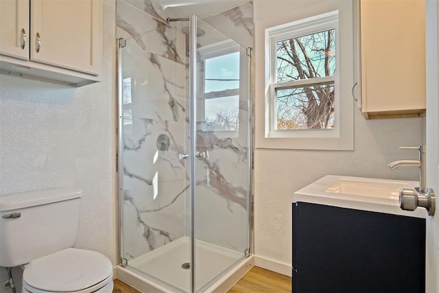 bathroom featuring hardwood / wood-style flooring, vanity, a shower with shower door, and toilet