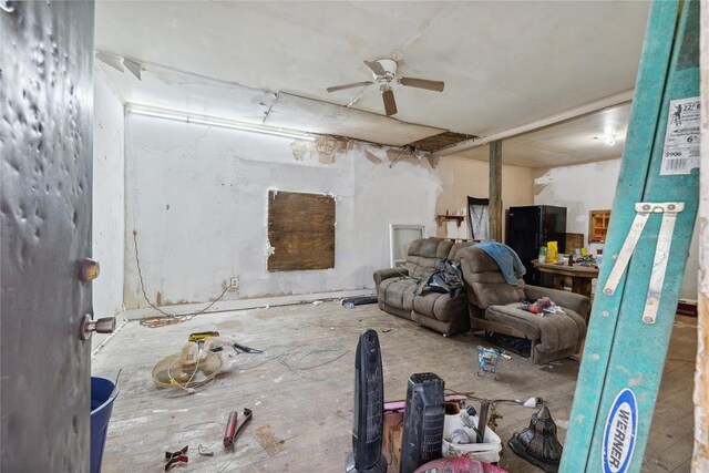 interior space featuring ceiling fan