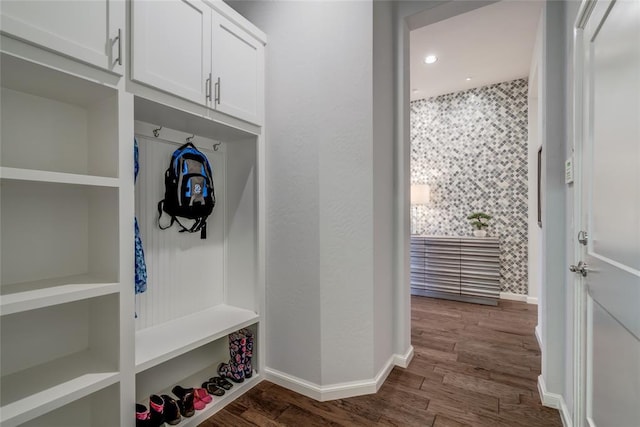 mudroom with dark hardwood / wood-style flooring