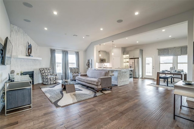 living room with dark hardwood / wood-style flooring and lofted ceiling