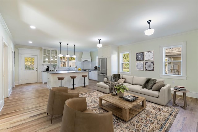 living room featuring ornamental molding, sink, and light hardwood / wood-style flooring