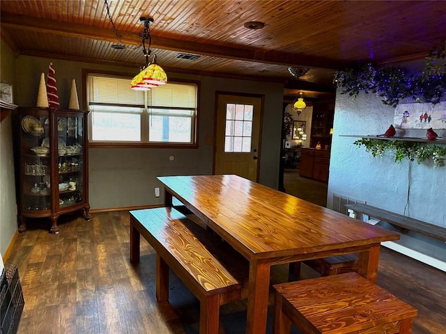 unfurnished dining area featuring beam ceiling, visible vents, wooden ceiling, and wood finished floors