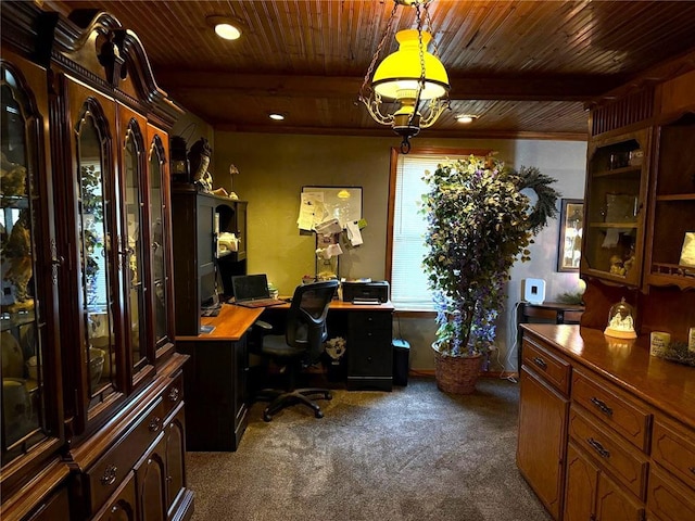 home office with dark colored carpet, beamed ceiling, and wooden ceiling