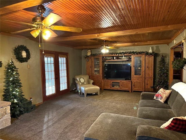 carpeted living area featuring wooden ceiling, beamed ceiling, a ceiling fan, and french doors