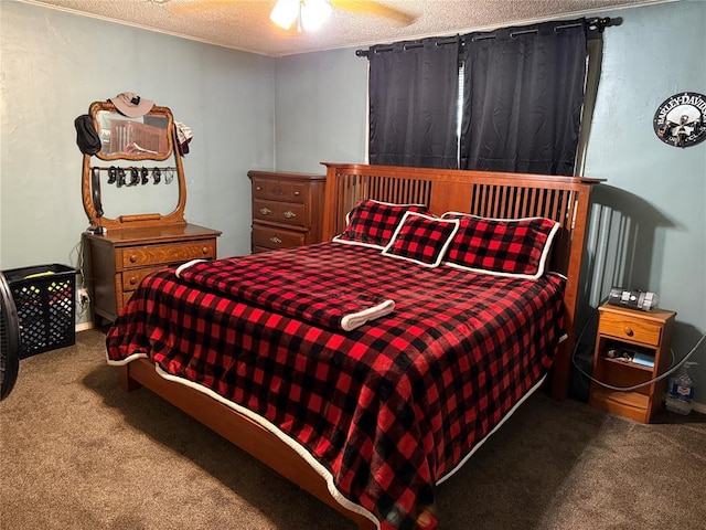 bedroom with a textured ceiling, ceiling fan, and carpet floors