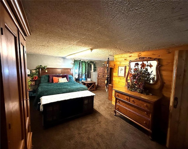 carpeted bedroom with wood walls