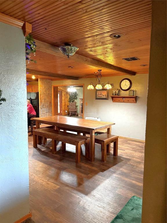 dining area with wooden ceiling and wood finished floors
