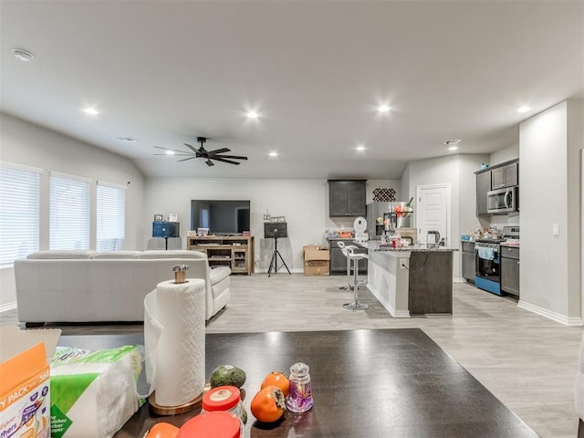 living room featuring ceiling fan and light hardwood / wood-style flooring