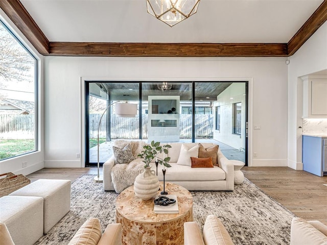 living room with hardwood / wood-style flooring, crown molding, and a notable chandelier