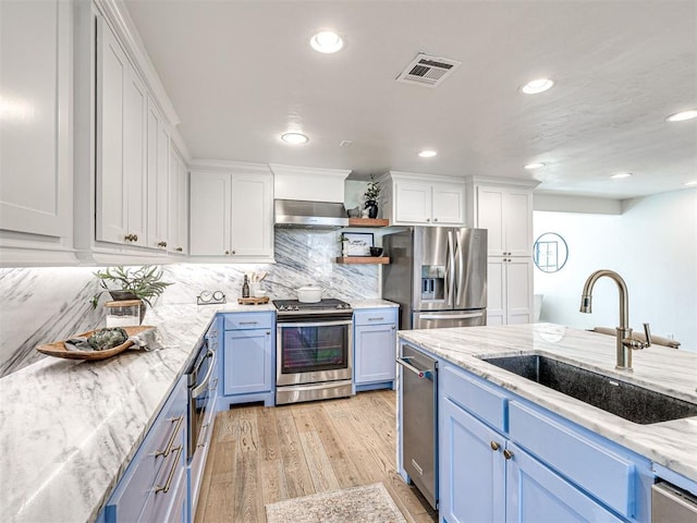 kitchen featuring ventilation hood, sink, white cabinets, stainless steel appliances, and blue cabinetry