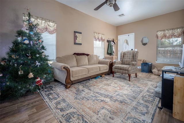 living room with ceiling fan and wood-type flooring