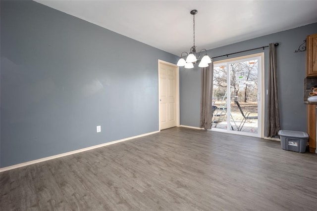 unfurnished dining area with a chandelier and dark wood-type flooring