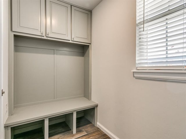 mudroom featuring dark wood-type flooring