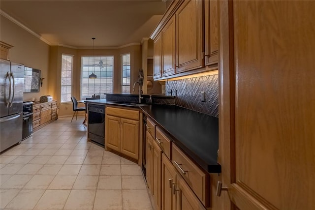 kitchen featuring sink, decorative backsplash, stainless steel fridge, ornamental molding, and black dishwasher