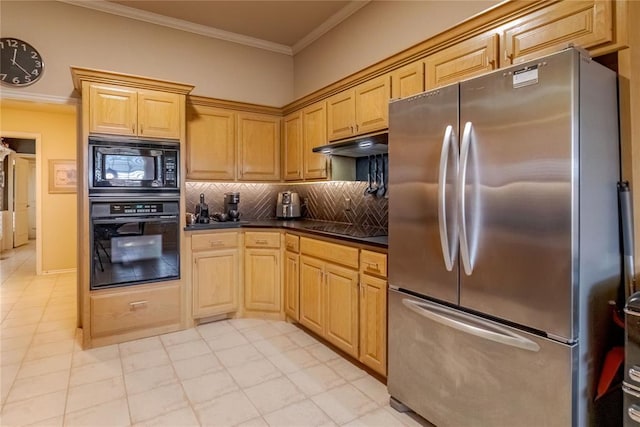 kitchen featuring black appliances, backsplash, light brown cabinets, and crown molding