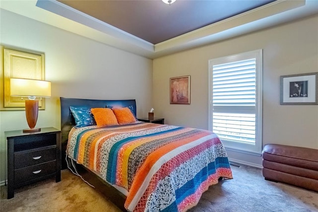 bedroom with carpet flooring and a raised ceiling