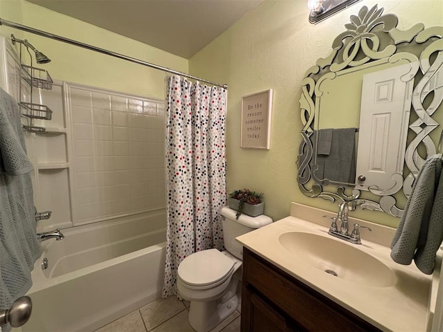 full bathroom featuring toilet, vanity, shower / bathtub combination with curtain, and tile patterned flooring