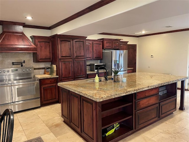 kitchen with custom exhaust hood, open shelves, tasteful backsplash, stainless steel appliances, and light stone countertops
