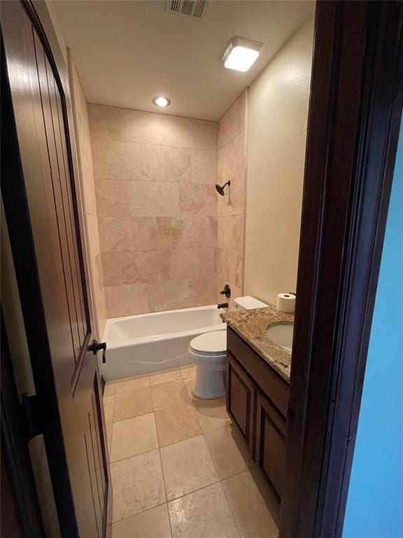 full bath with recessed lighting, tile patterned floors, toilet, vanity, and tub / shower combination