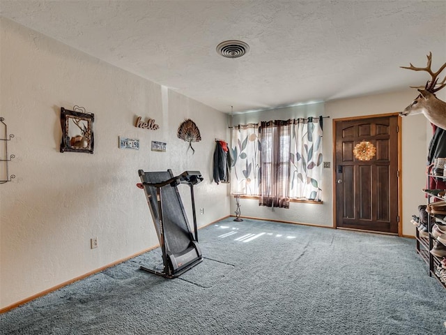 exercise room featuring carpet and a textured ceiling