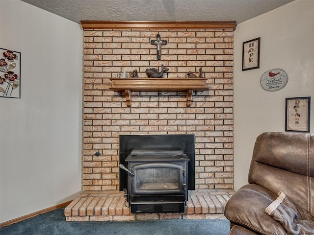 interior details with a textured ceiling, carpet floors, and a wood stove