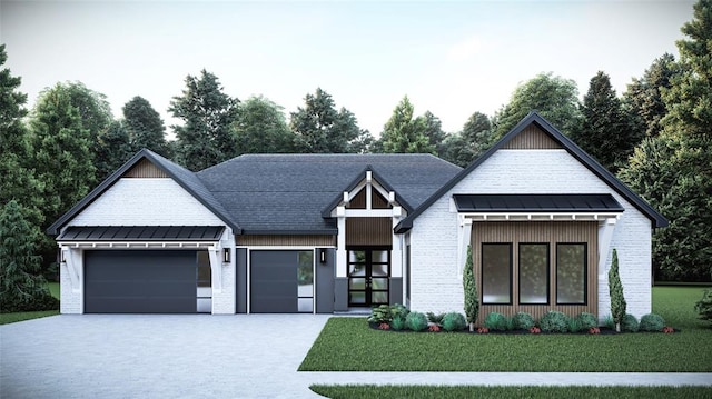 view of front facade with french doors, a front lawn, and a garage