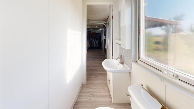 bathroom featuring hardwood / wood-style flooring, vanity, and toilet