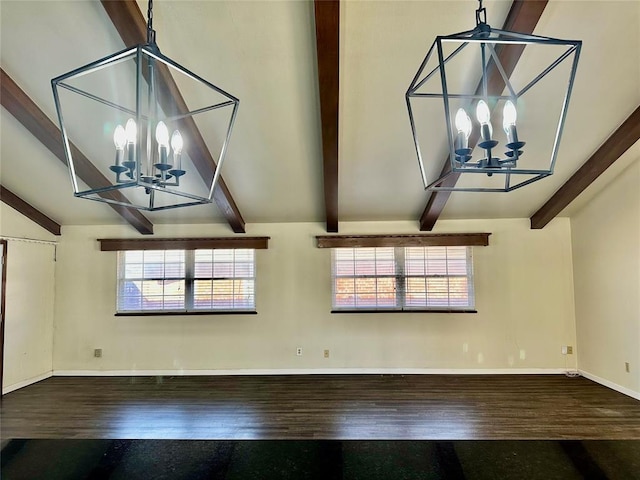 interior space featuring a chandelier, hardwood / wood-style floors, and lofted ceiling with beams