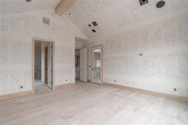 unfurnished bedroom featuring high vaulted ceiling, light hardwood / wood-style flooring, and beam ceiling