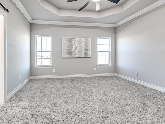 carpeted empty room featuring ceiling fan, a barn door, crown molding, and a tray ceiling