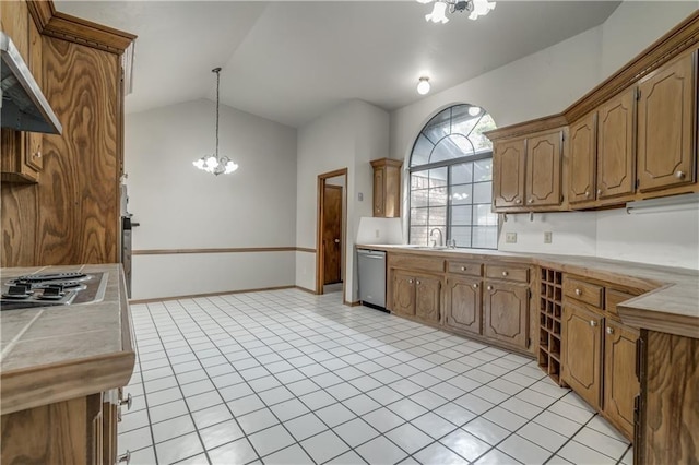 kitchen with ventilation hood, sink, decorative light fixtures, stainless steel appliances, and a chandelier